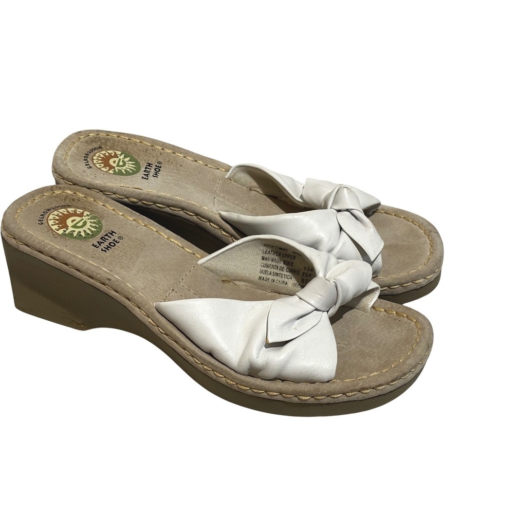 Earth Shoe Gelron 2000 White Leather Bow Platform Wedge Slide Sandals Womens 8.5